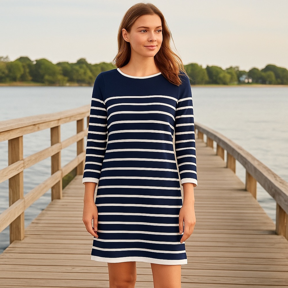 Sail to Sable NEW Navy White Striped Shift Dress Long Sleeve‎ Nautical Coastal M